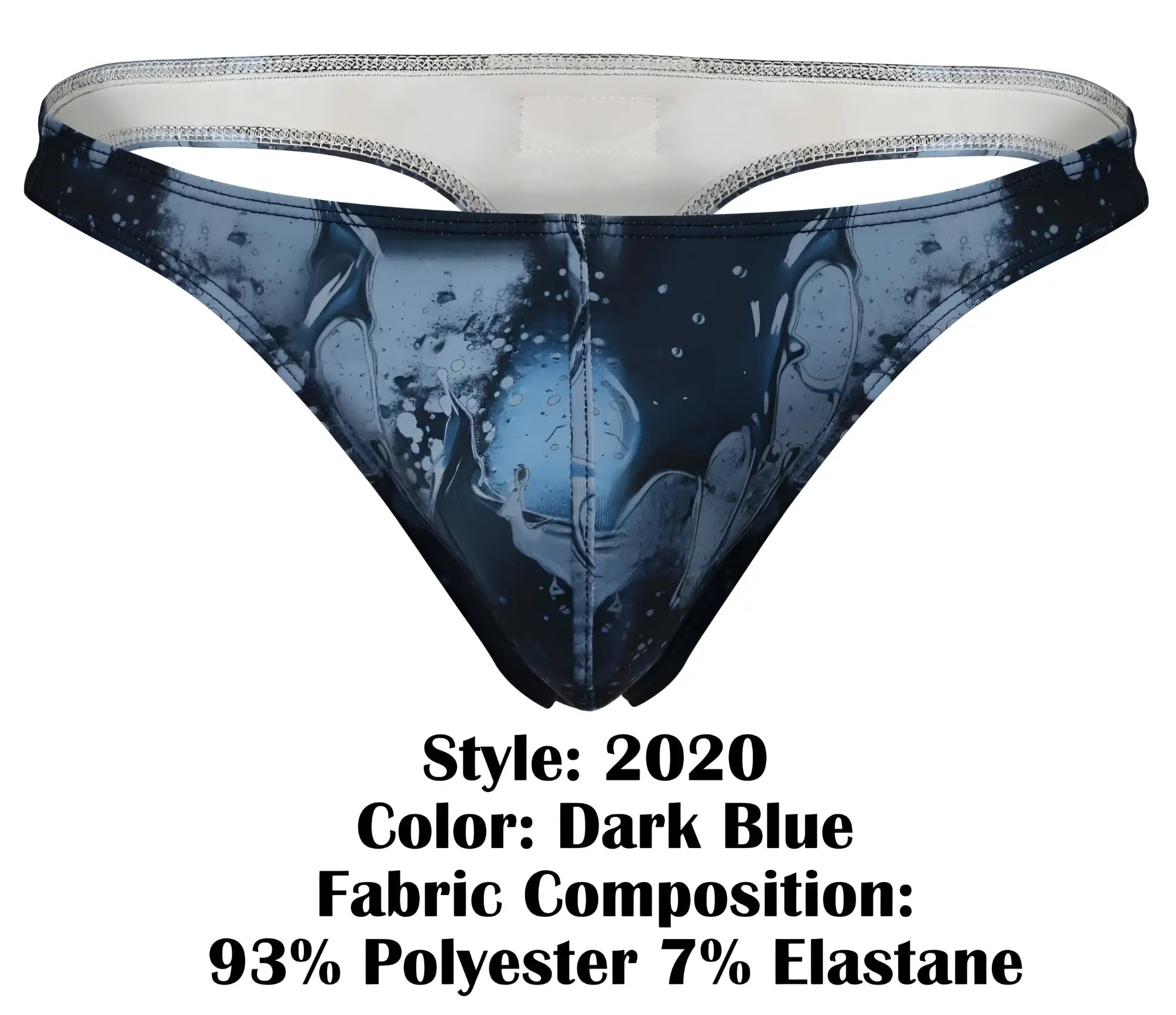 Dark blue Clever 2020 Galia thong with a glossy abstract liquid design featuring swirling patterns and droplets