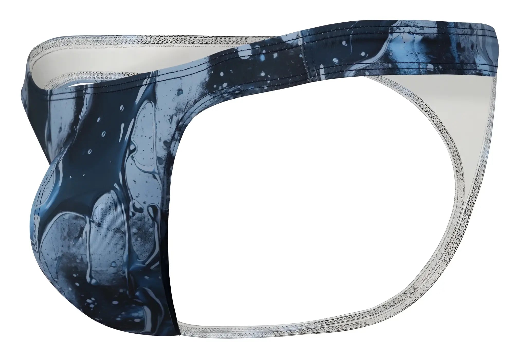 Blue and white abstract splash patterned men’s briefs with silver toned trim from clever 2020 galia thongs dark blue