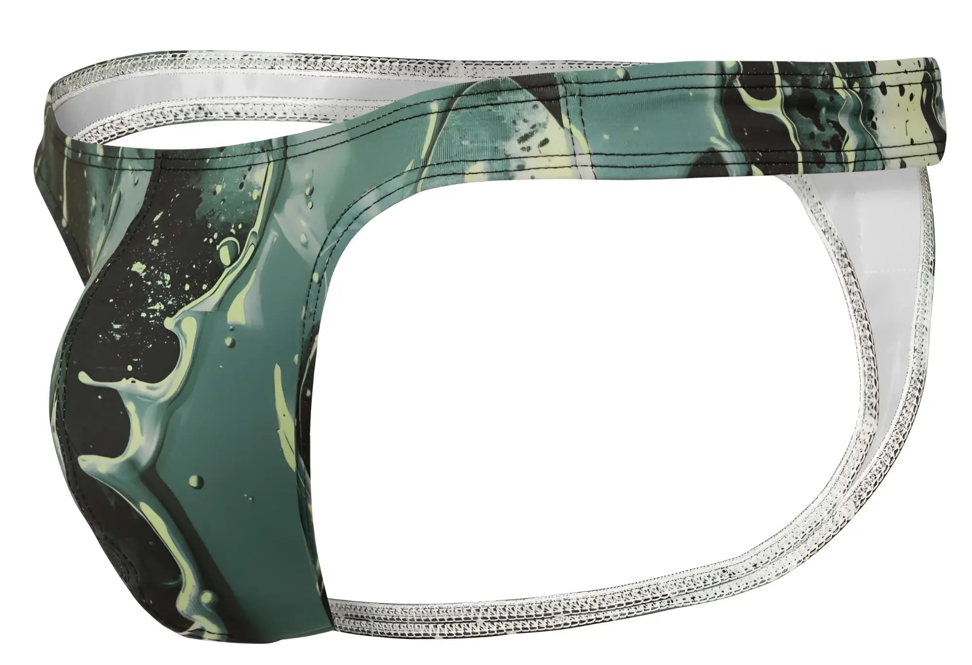 Green and black marbled patterned clever 2020 galia thongs with silver zipper trim men’s briefs front view