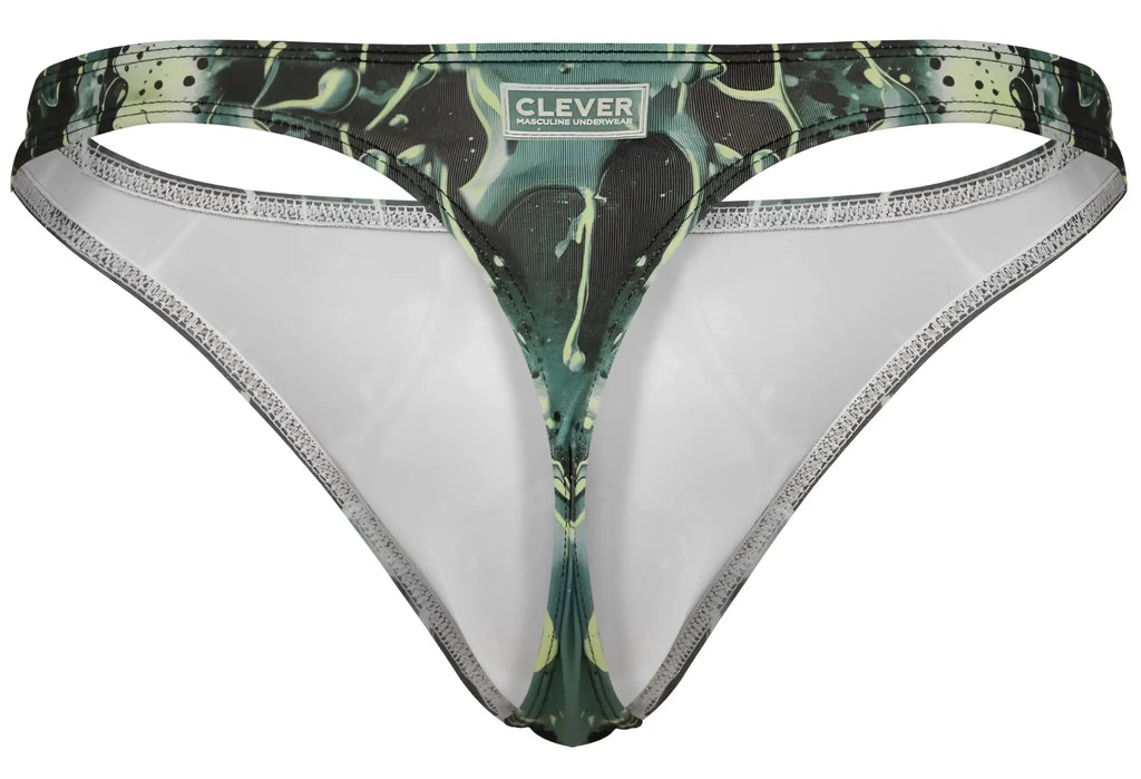 Green and black splatter-patterned Clever 2020 Galia thong with white interior lining showing front side detail