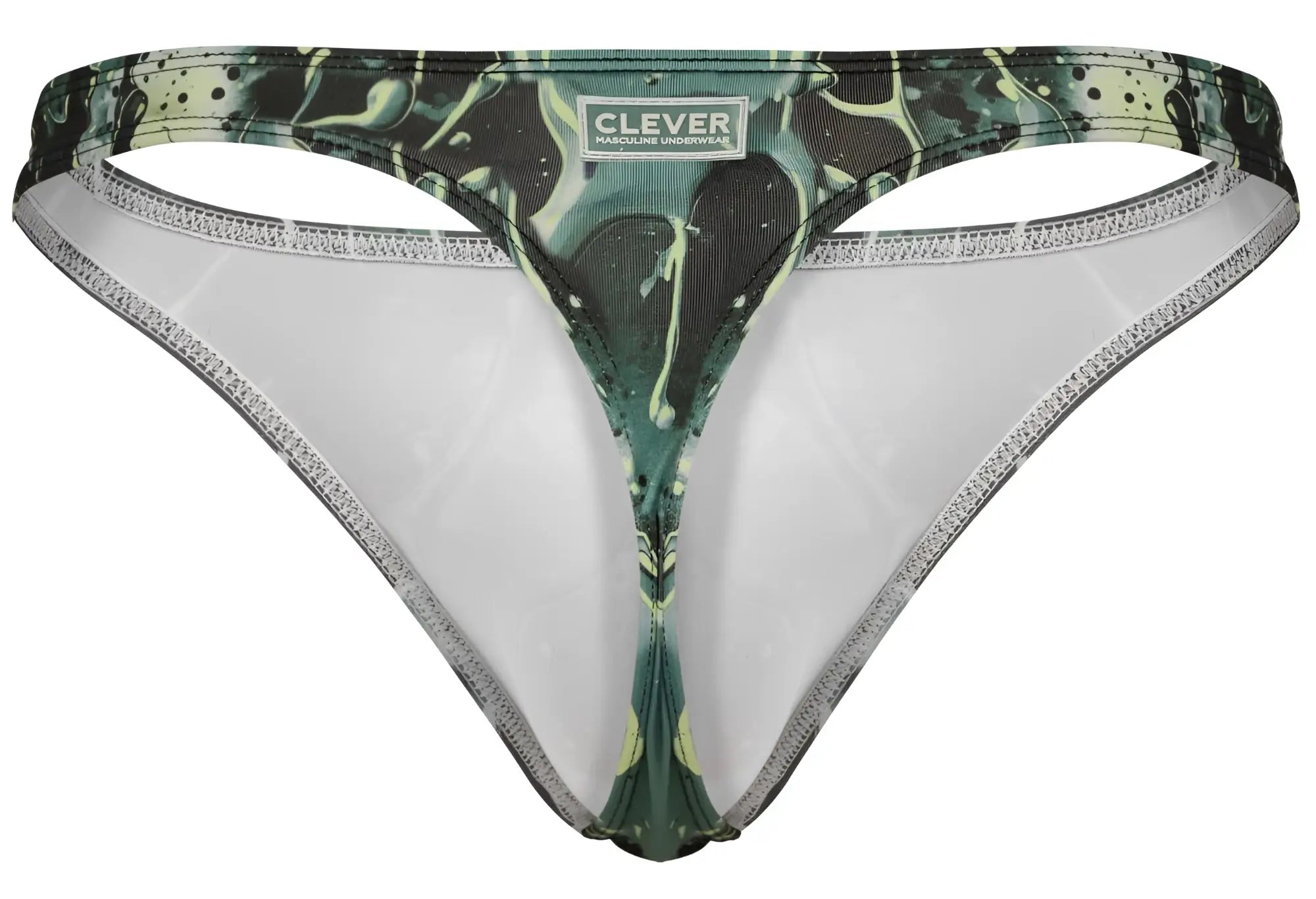Green and black splatter-patterned Clever 2020 Galia thong with white interior lining showing front side detail
