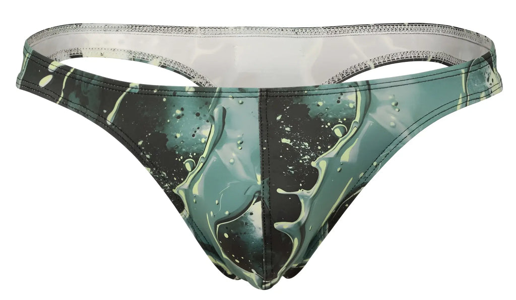 Green and black splatter patterned clever 2020 galia thong with translucent silver trimmed waistband front view