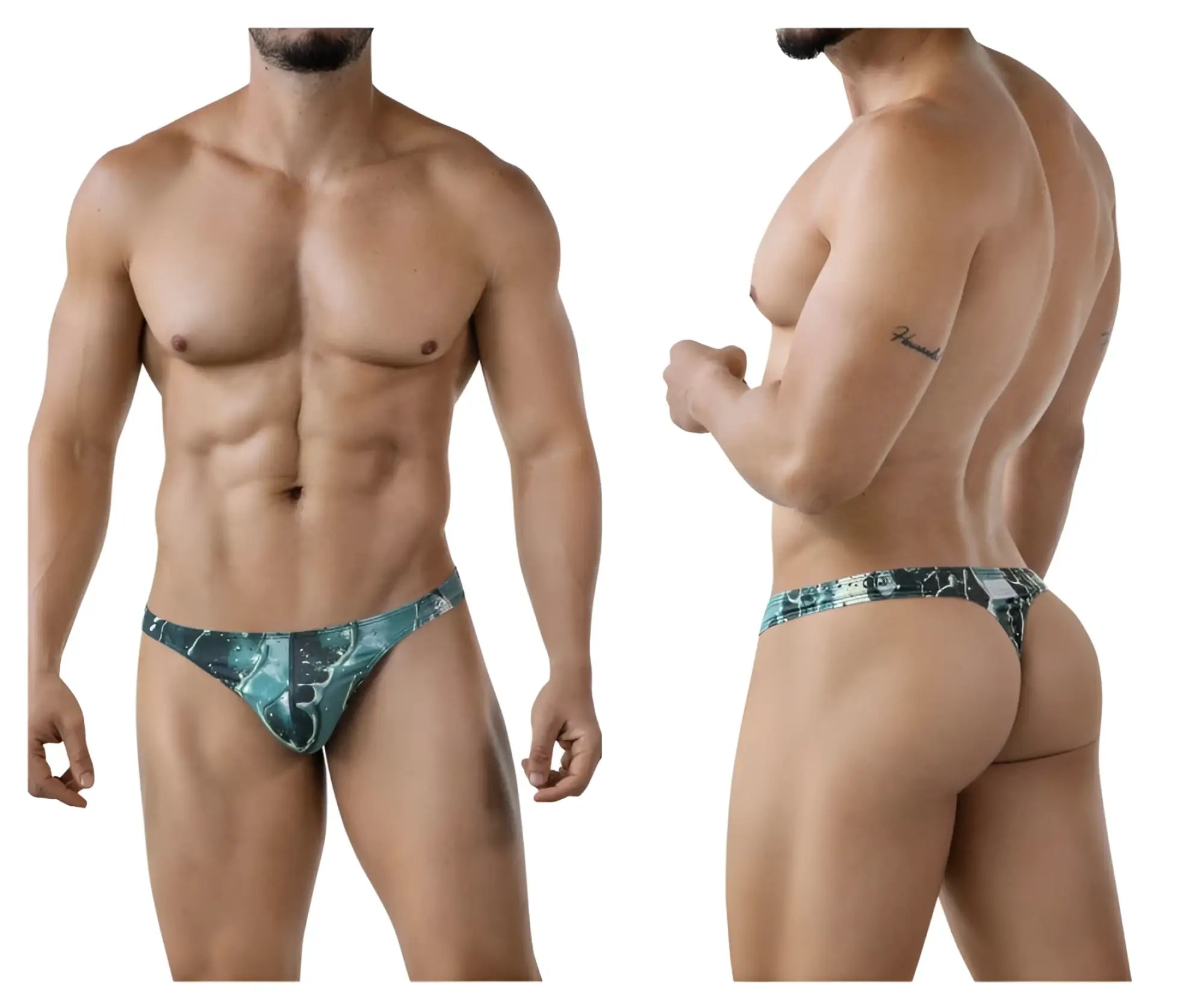 Men’s clever 2020 galia thong in teal and black patterned fabric with sleek modern design shown from the back