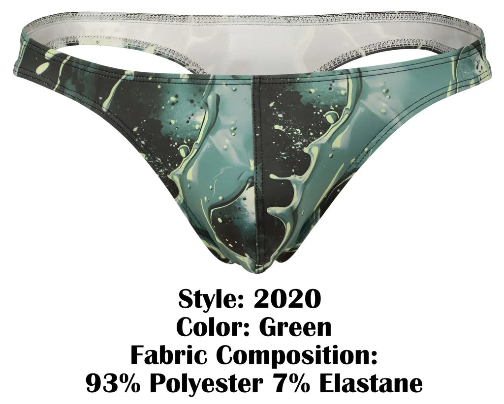 Green patterned clever 2020 galia thong with marbled teal and black water-like design front side view