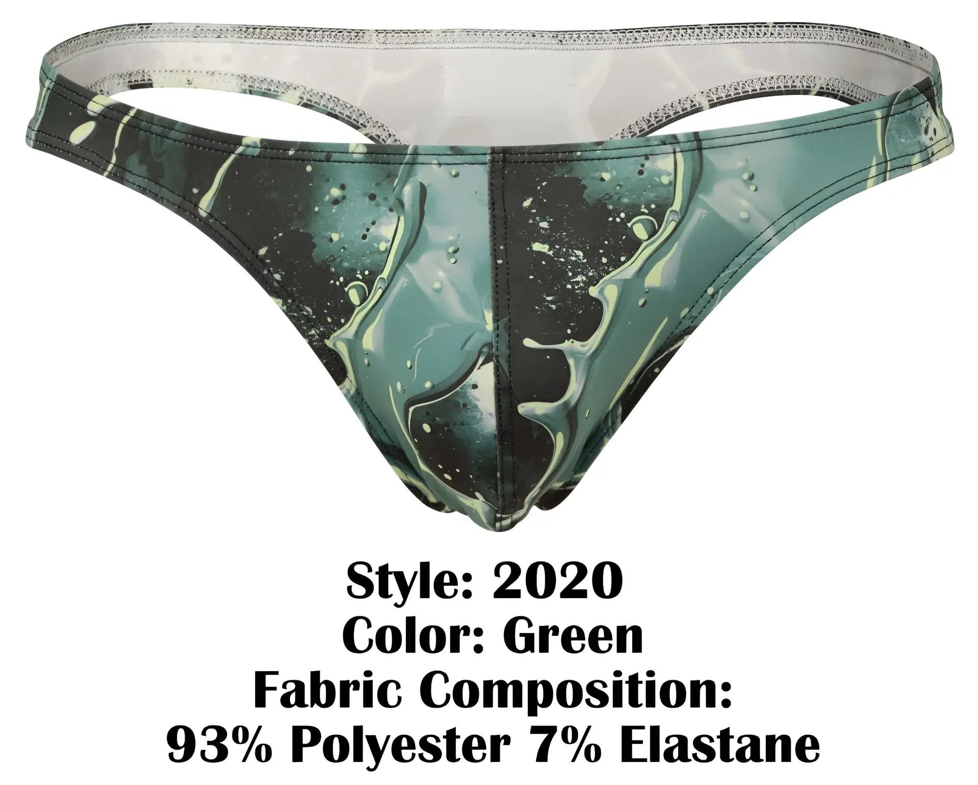 Green patterned clever 2020 galia thong with marbled teal and black water-like design front side view