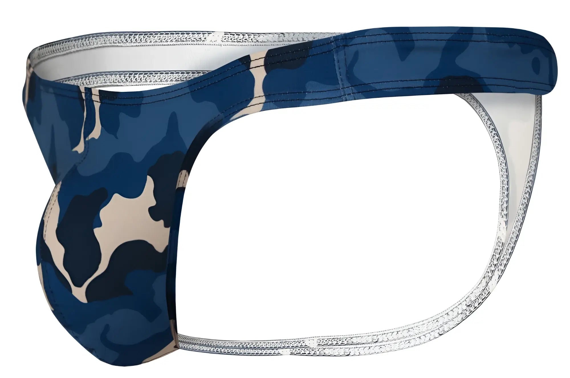 Blue and beige camouflage men’s thong with silver zipper trim from Clever 2023 Almeria thongs collection