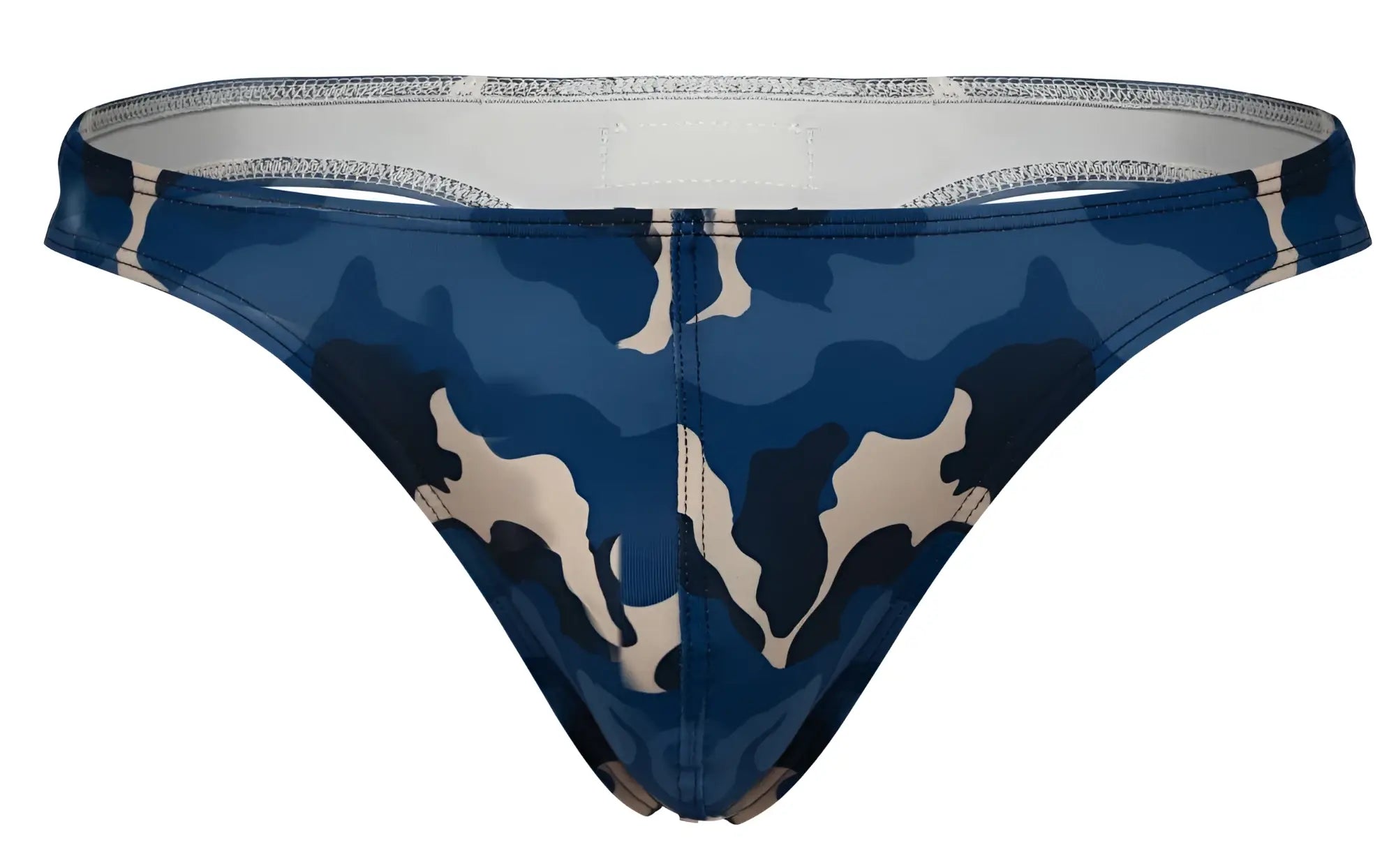 Blue and beige camouflage pattern clever 2023 almeria thong swim trunks with glossy finish for beachwear