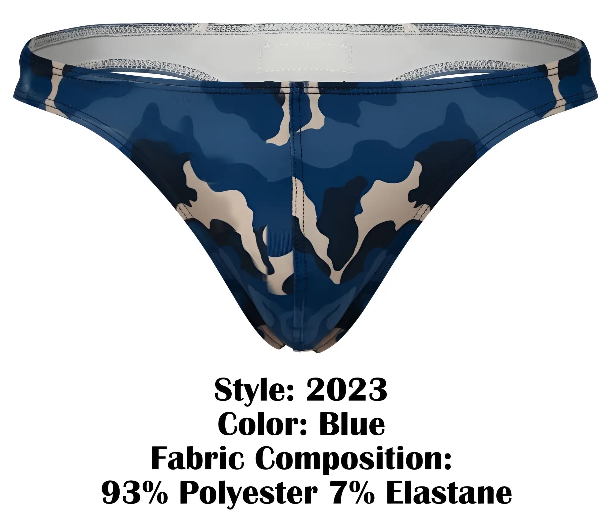 Blue camouflage-patterned clever 2023 almeria thong made of 93% polyester and 7% elastane shown from the back side