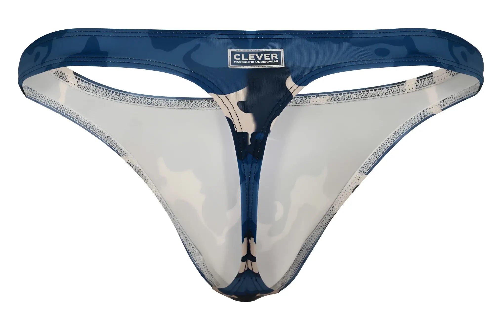 Blue camouflage pattern clever 2023 almeria thong with transparent panels and branded label visible from the back