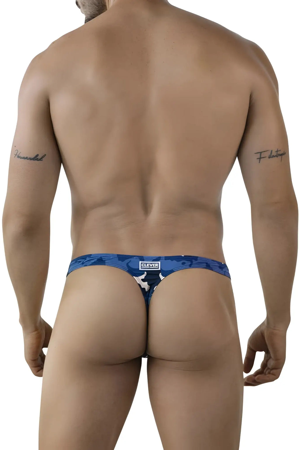 Back view of clever 2023 almeria thong in blue with blue camouflage pattern and white logo patch in a sleek design