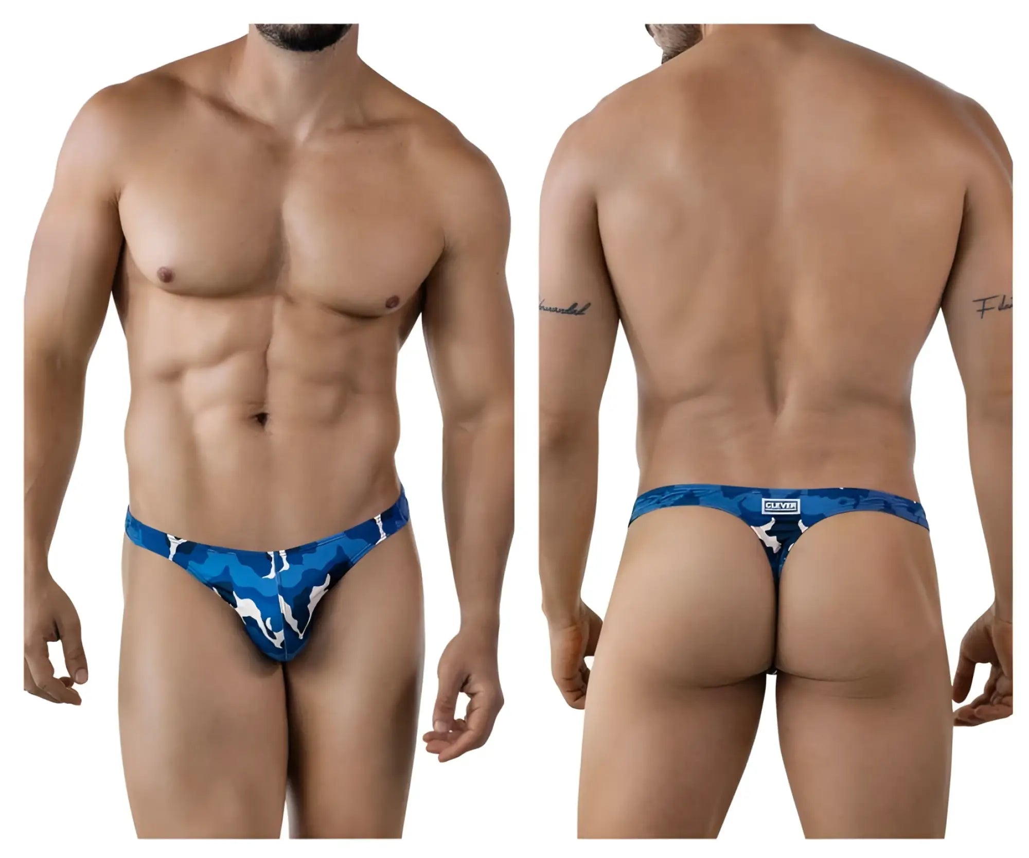 Blue and white camouflage-patterned clever 2023 almeria thong showing the back side design