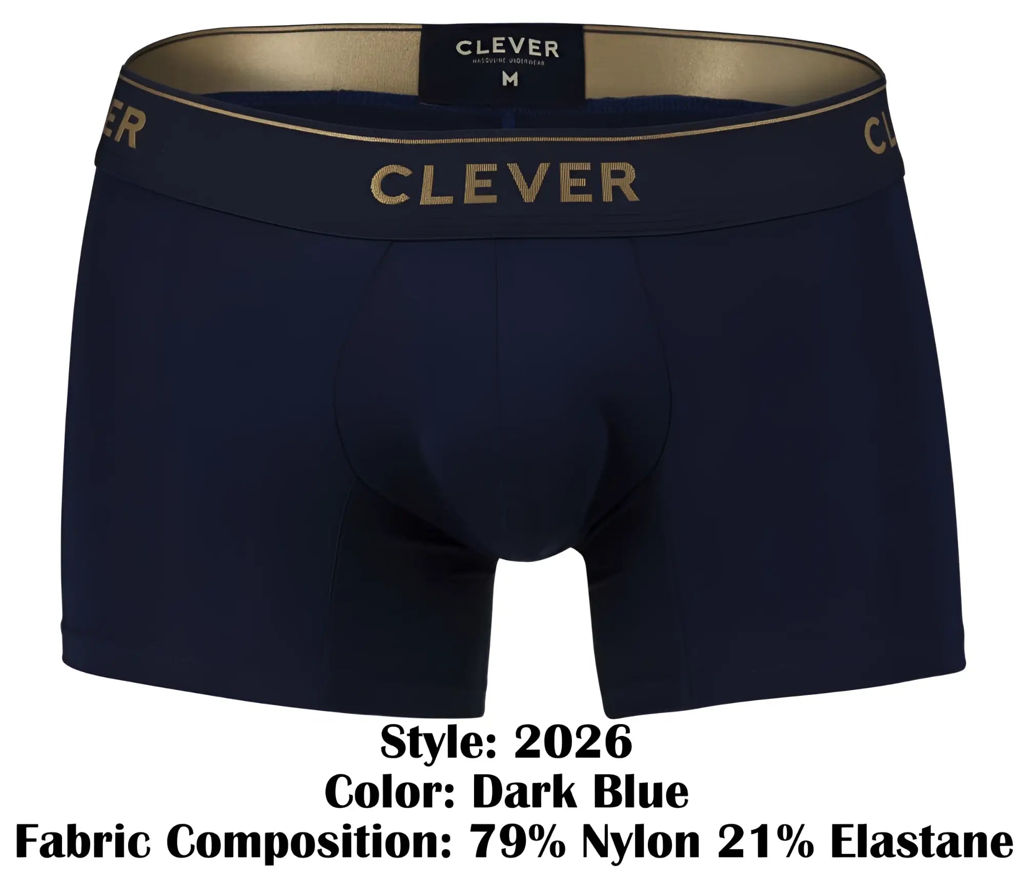 Dark blue men’s boxer briefs clever 2026 valladolid trunks made from 79 nylon 21 elastane with gold clever branding on waistband