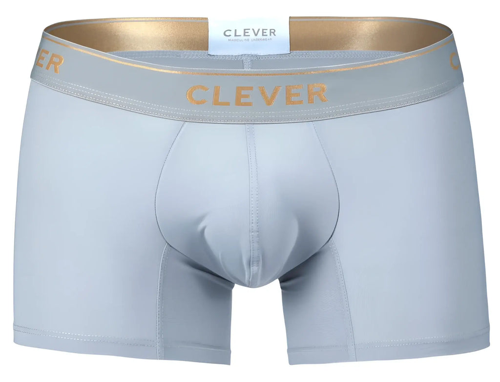 Light gray clever 2026 valladolid trunks with gold-trimmed waistband and clever brand name in gold lettering
