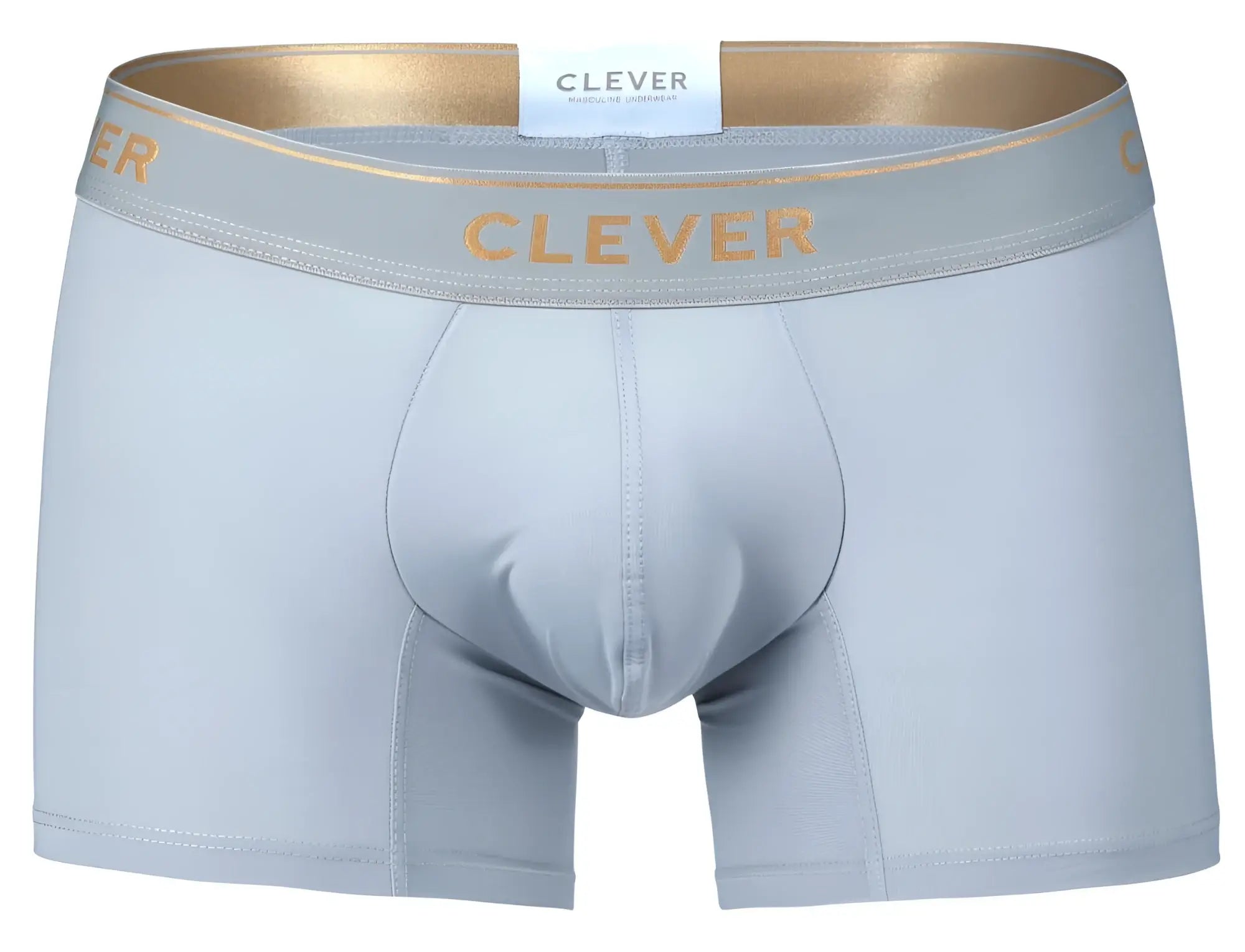Light gray clever 2026 valladolid trunks with gold-trimmed waistband and clever brand name in gold lettering