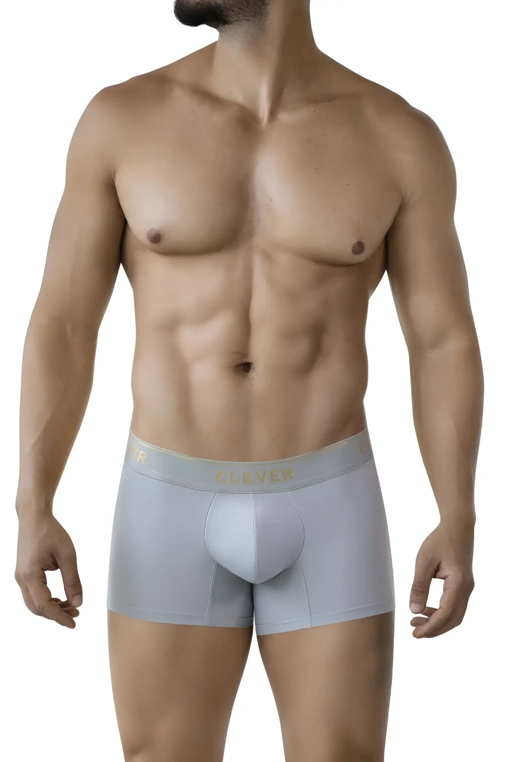 Light gray Clever 2026 Valladolid trunks with subtle gold logo on waistband made from soft breathable fabric
