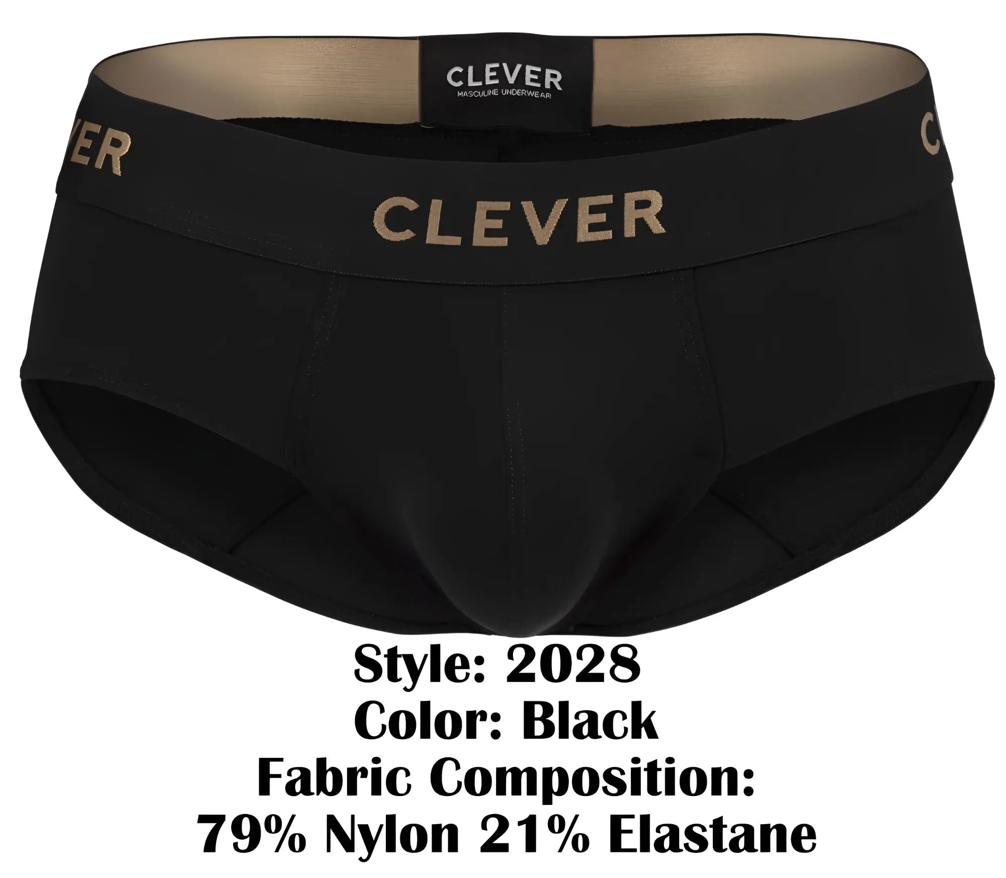 Black clever 2028 valladolid briefs featuring gold lettering on the waistband for stylish men’s underwear