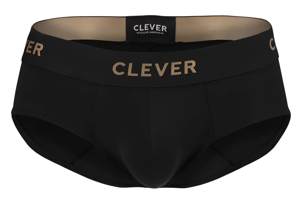 Black clever 2028 valladolid briefs with gold clever branding on waistband and matching label in front view