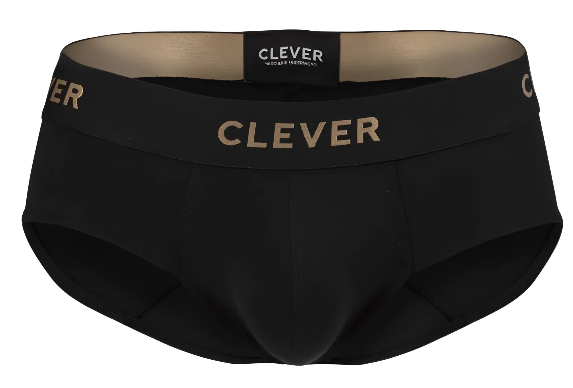 Black clever 2028 valladolid briefs with gold clever branding on waistband and matching label in front view