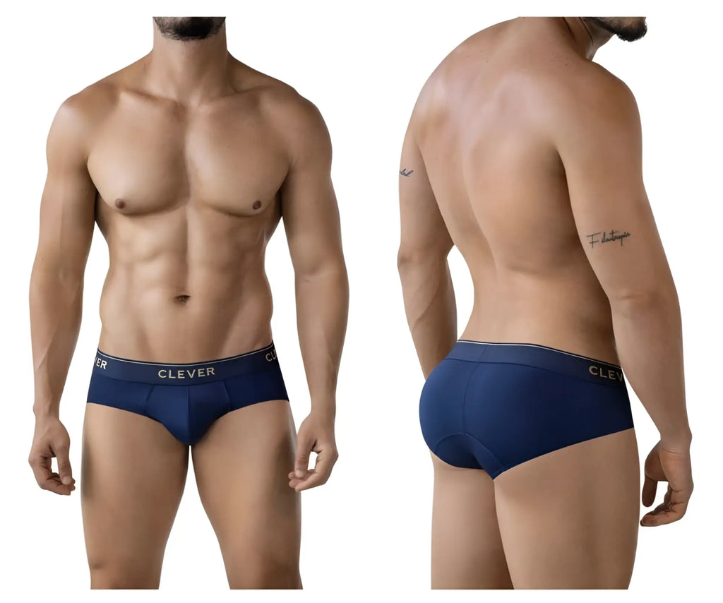 Navy blue cotton Clever 2028 Valladolid briefs with a white Clever logo on the waistband front view