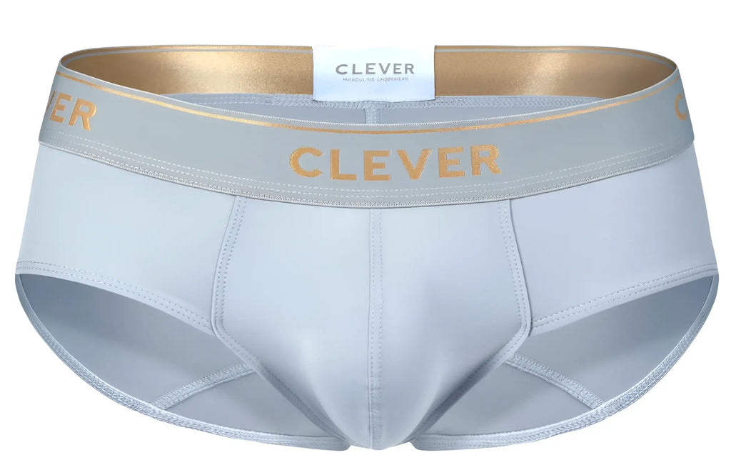 Light gray clever 2028 valladolid briefs with gold-trimmed waistband and gold clever logo lettering on front