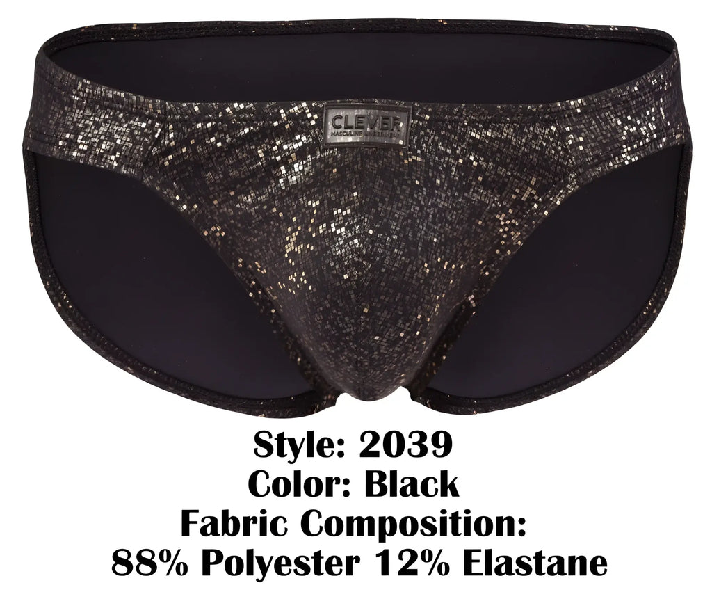 Black clever 2039 galaxy briefs with a sleek shiny texture and subtle shimmering glittery pattern