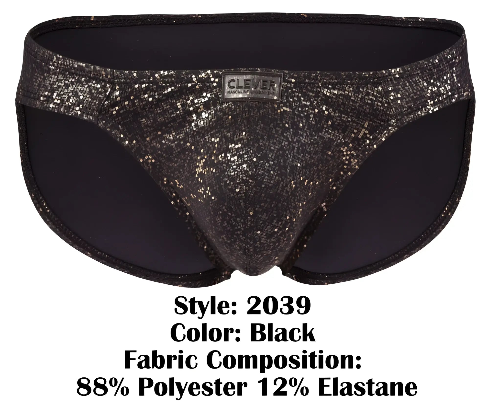 Black clever 2039 galaxy briefs with a sleek shiny texture and subtle shimmering glittery pattern