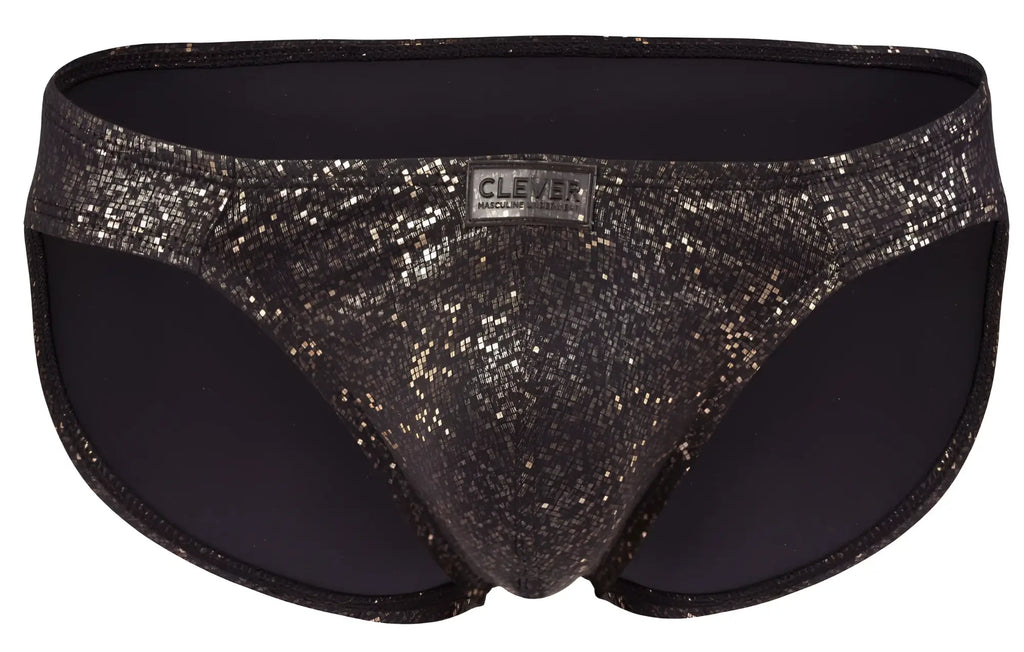 Black clever 2039 galaxy briefs with a glittery shimmering texture and branded waistband label in black color