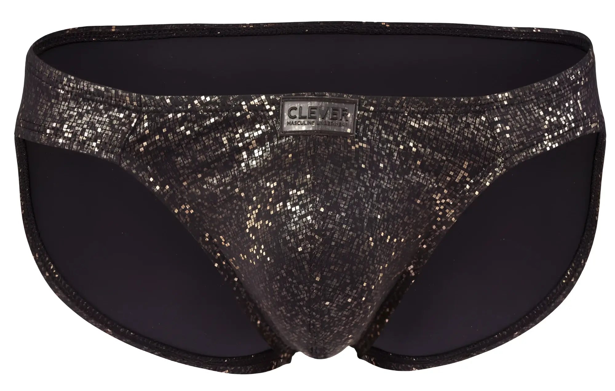 Black clever 2039 galaxy briefs with a glittery shimmering texture and branded waistband label in black color