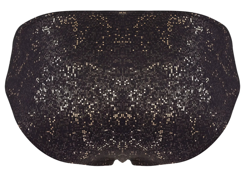 Black sequined clever 2039 galaxy briefs with shimmering pixelated silver and gold squares bikini bottom front view