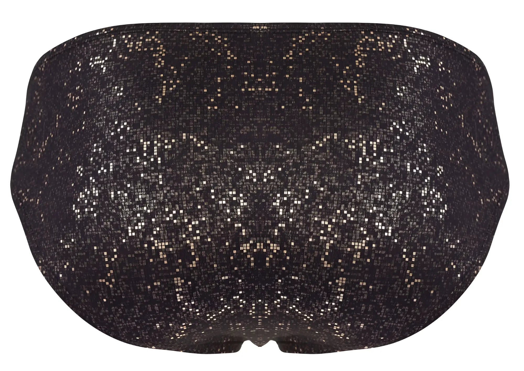 Black sequined clever 2039 galaxy briefs with shimmering pixelated silver and gold squares bikini bottom front view