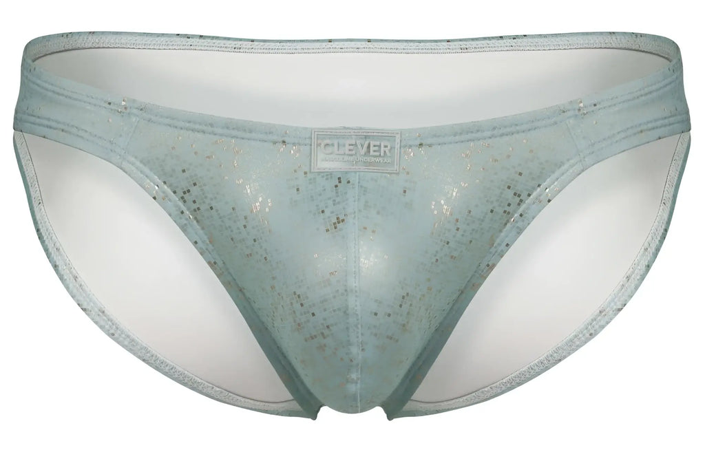 Light blue glittery mesh briefs with white inner lining and clever brand label from clever 2039 galaxy briefs