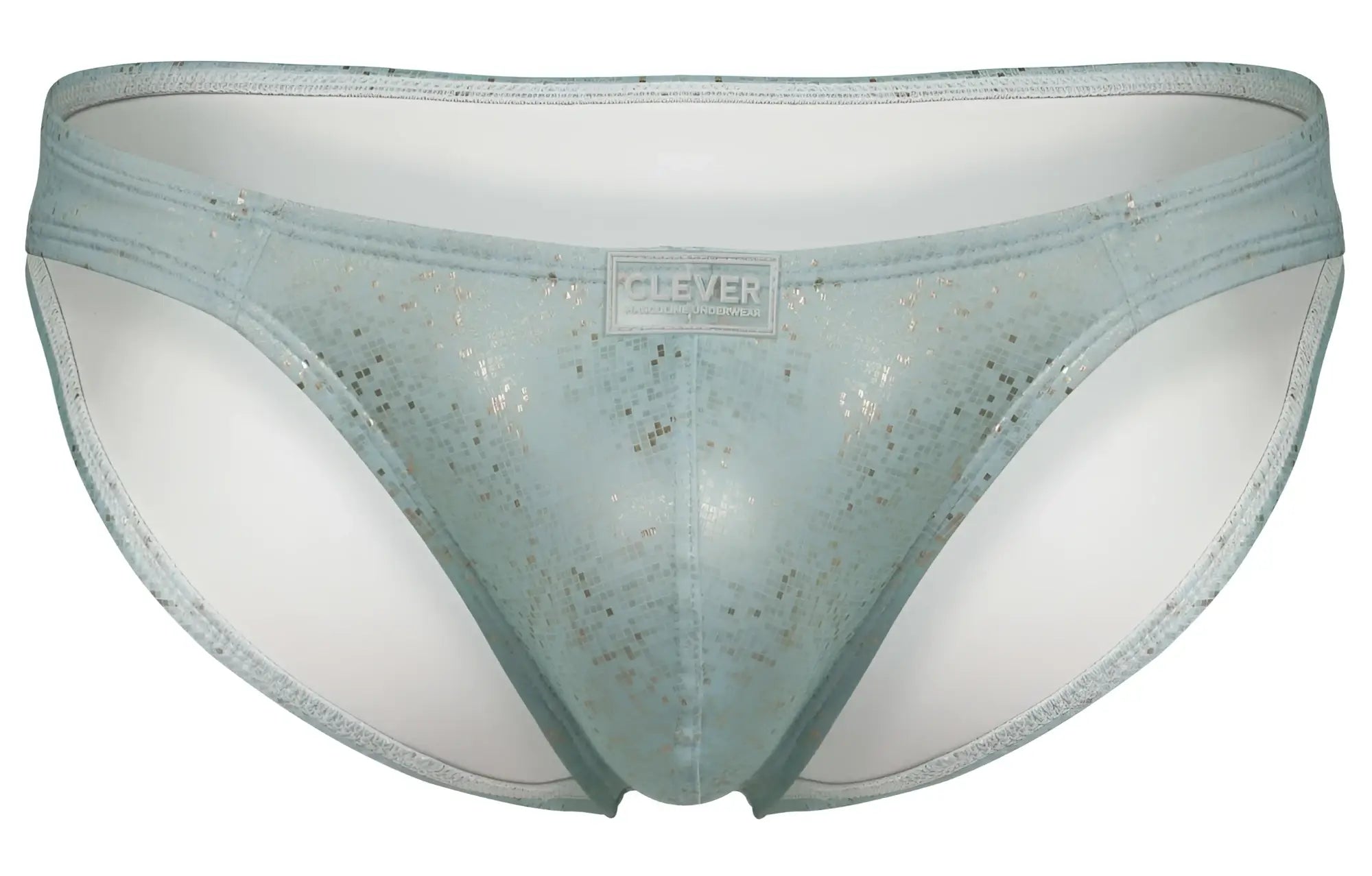 Light blue glittery mesh briefs with white inner lining and clever brand label from clever 2039 galaxy briefs