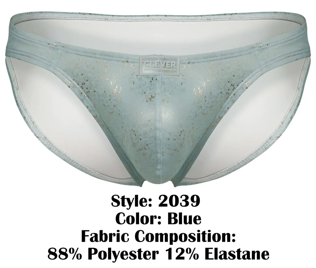 Light blue sheer lace Clever 2039 Galaxy briefs with subtle glittery pattern and branded label visible
