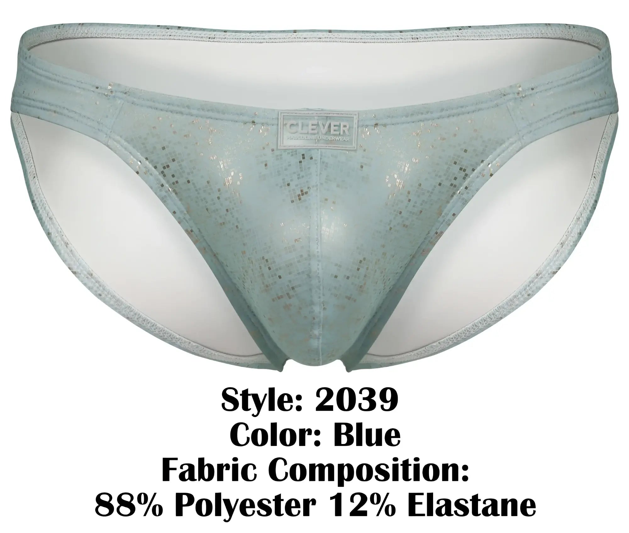 Light blue sheer lace Clever 2039 Galaxy briefs with subtle glittery pattern and branded label visible