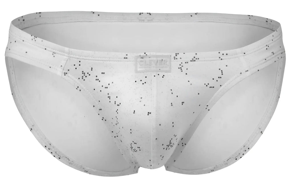 White clever 2039 galaxy briefs with a subtle black speckled pattern and small rectangular brand tag on waistband