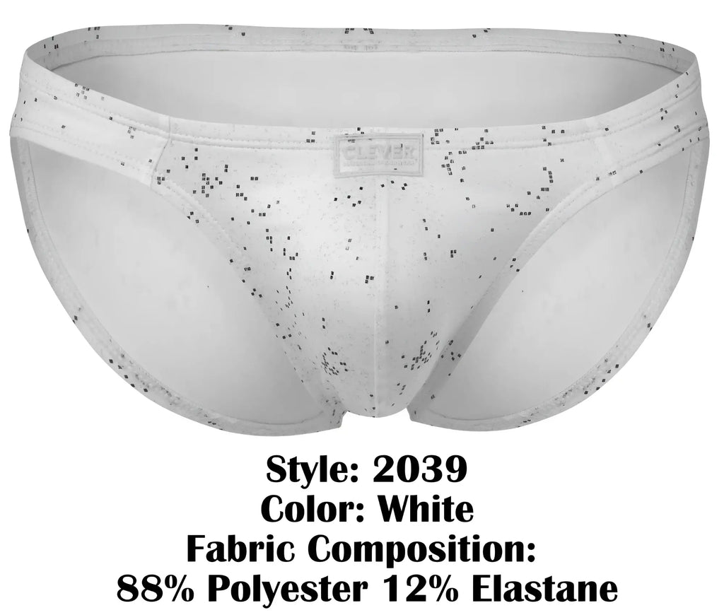 White clever 2039 galaxy briefs with subtle black speckled pattern made from 88 polyester and 12 elastane