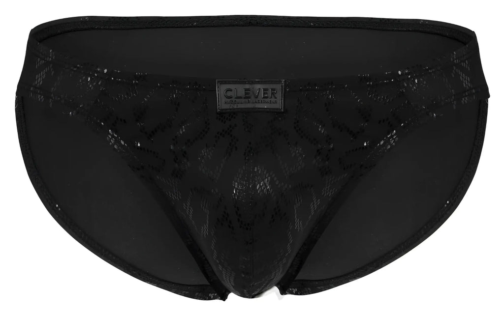 Black men’s briefs with lace trim subtle pattern and branded label clever 2040 luxe briefs color black