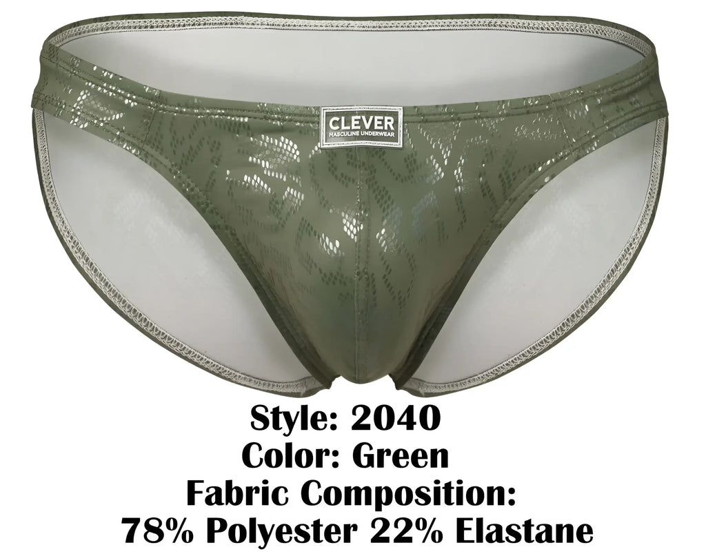Olive green shiny lace-trimmed men’s briefs with clever brand label from clever 2040 luxe briefs collection