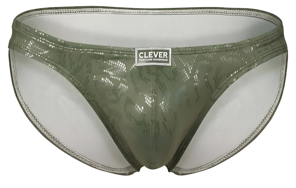 Olive green shiny snake-patterned men’s briefs with a white clever brand label from clever 2040 luxe briefs collection