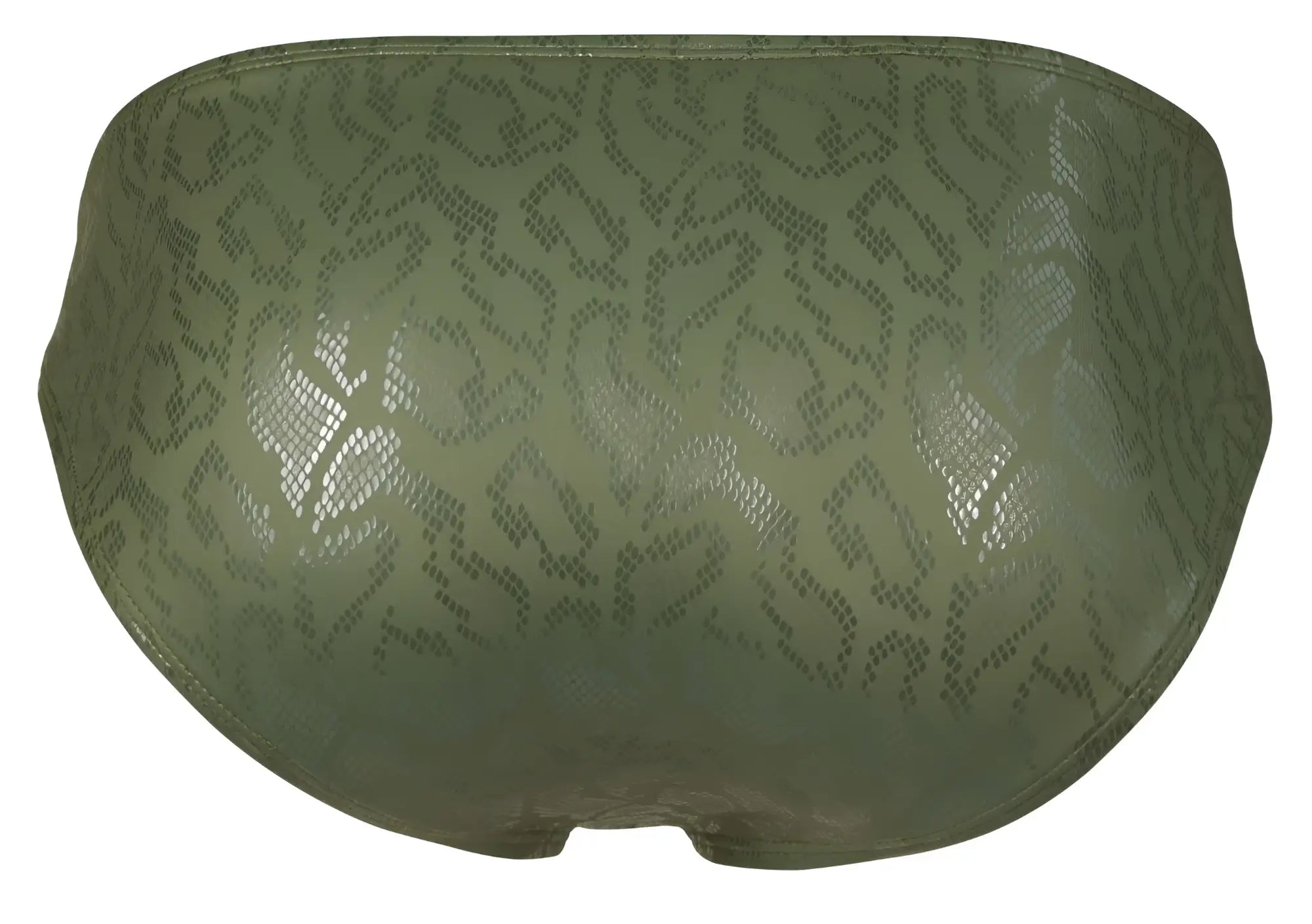 Olive green clever 2040 luxe briefs made of smooth glossy snakeskin-patterned material shown from the back