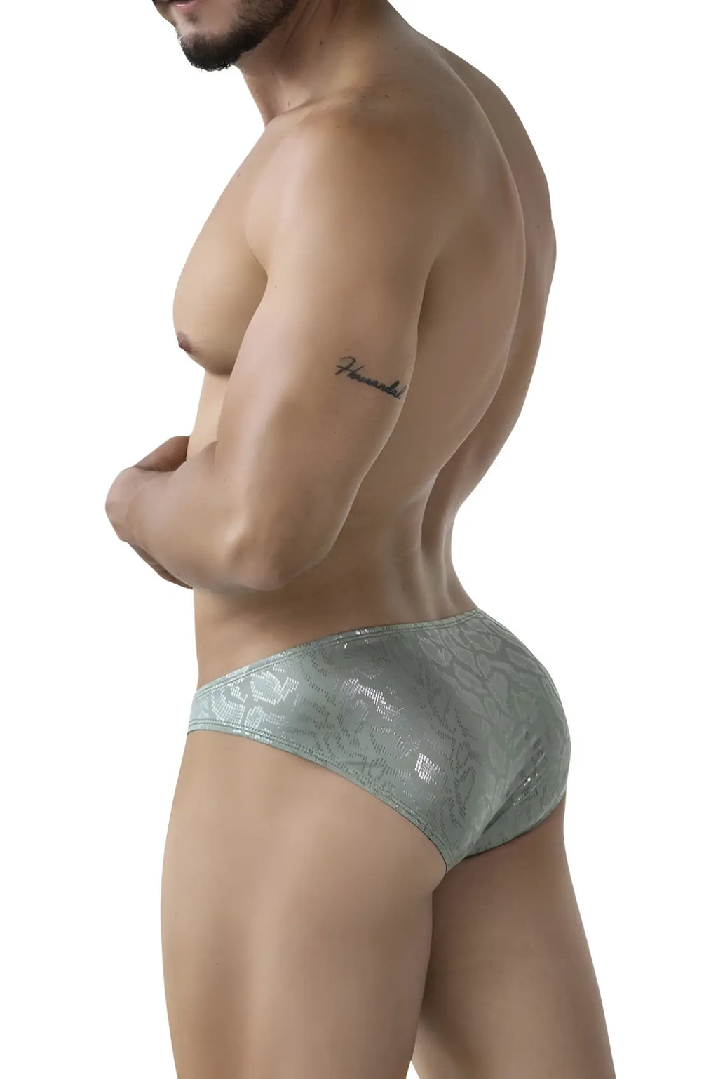 A sleek light green clever 2040 luxe brief with lace trim and subtle shimmering pattern