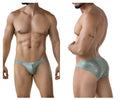 A sleek light teal clever 2040 luxe brief with lace trim shimmering pattern and small white brand tag at waistband