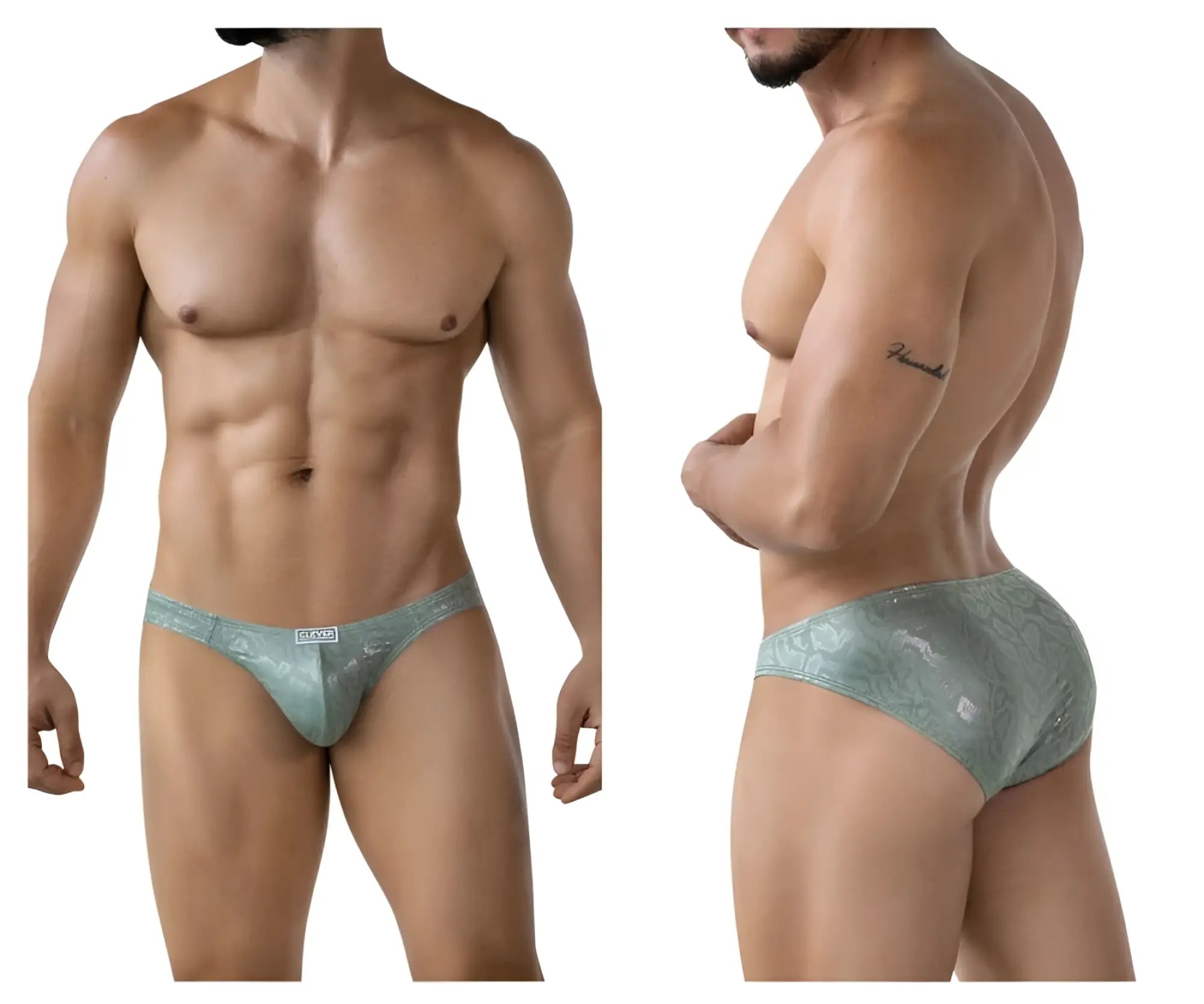 A sleek light teal clever 2040 luxe brief with lace trim shimmering pattern and small white brand tag at waistband