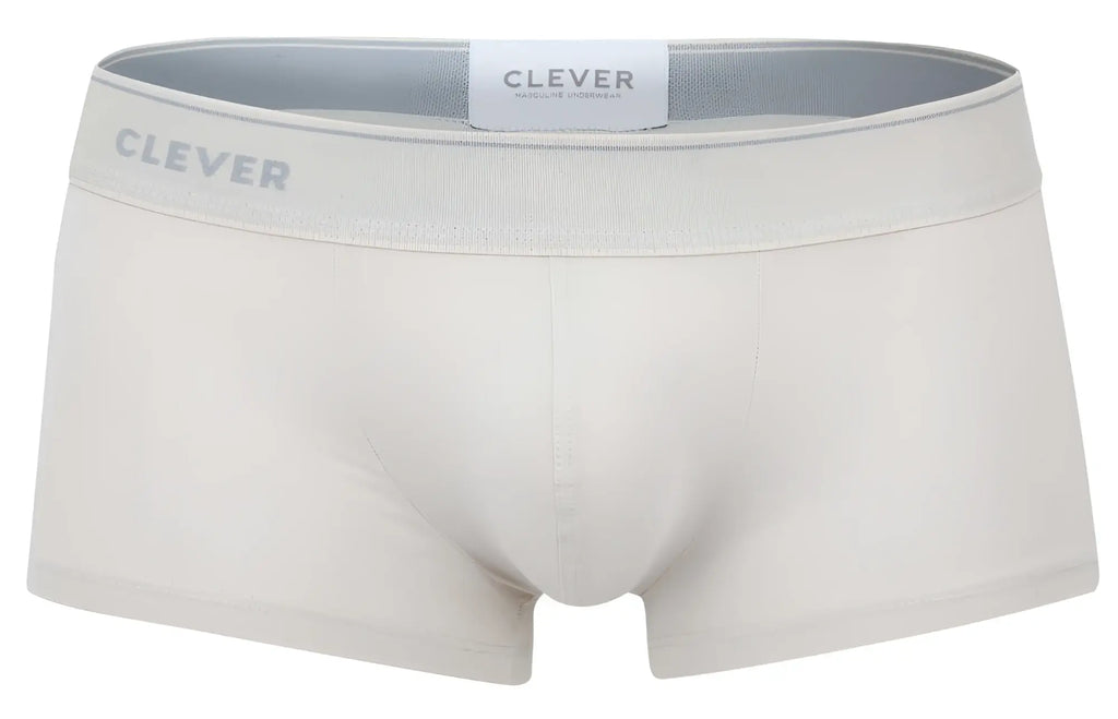 Cream-colored seamless Clever 2042 Mendoza trunks with a gray elastic waistband featuring subtle Clever branding