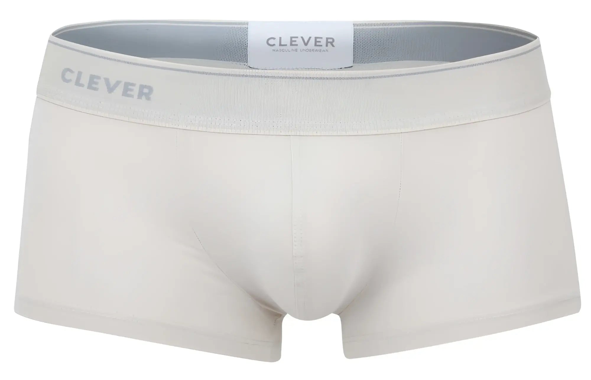 Cream-colored seamless Clever 2042 Mendoza trunks with a gray elastic waistband featuring subtle Clever branding