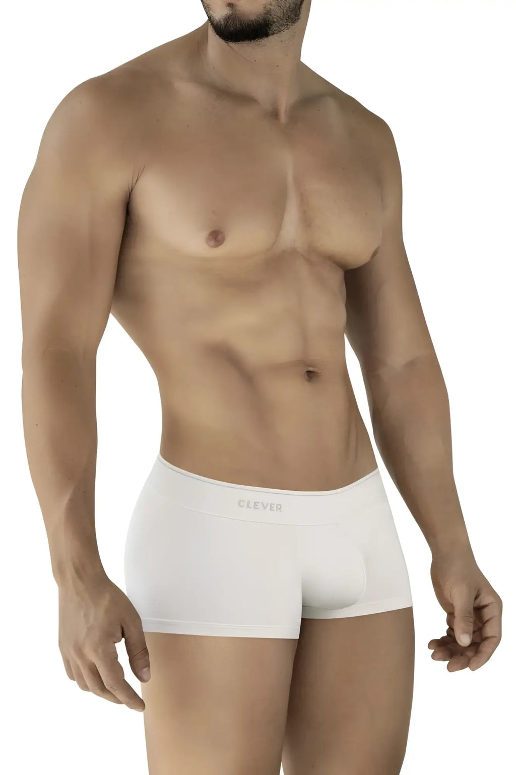 White cotton clever 2042 mendoza trunks in beige with a subtle clever logo on the waistband