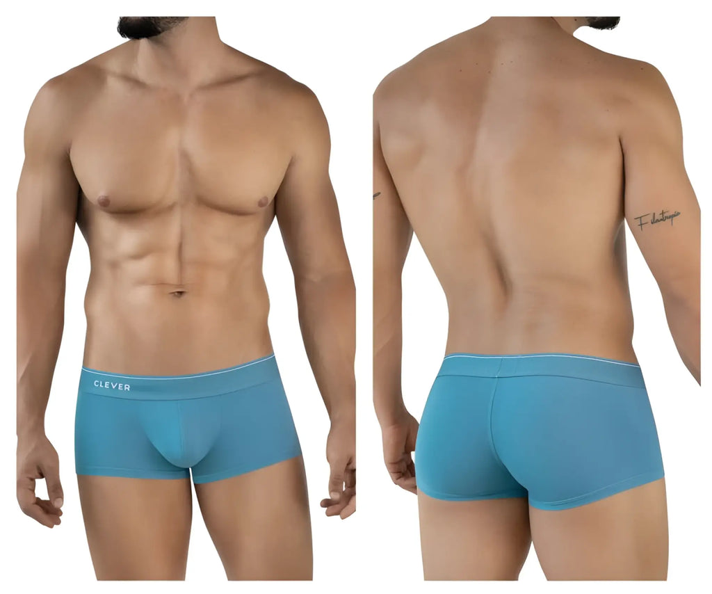 Blue clever 2042 Mendoza trunks boxer briefs with a white waistband featuring the clever brand name