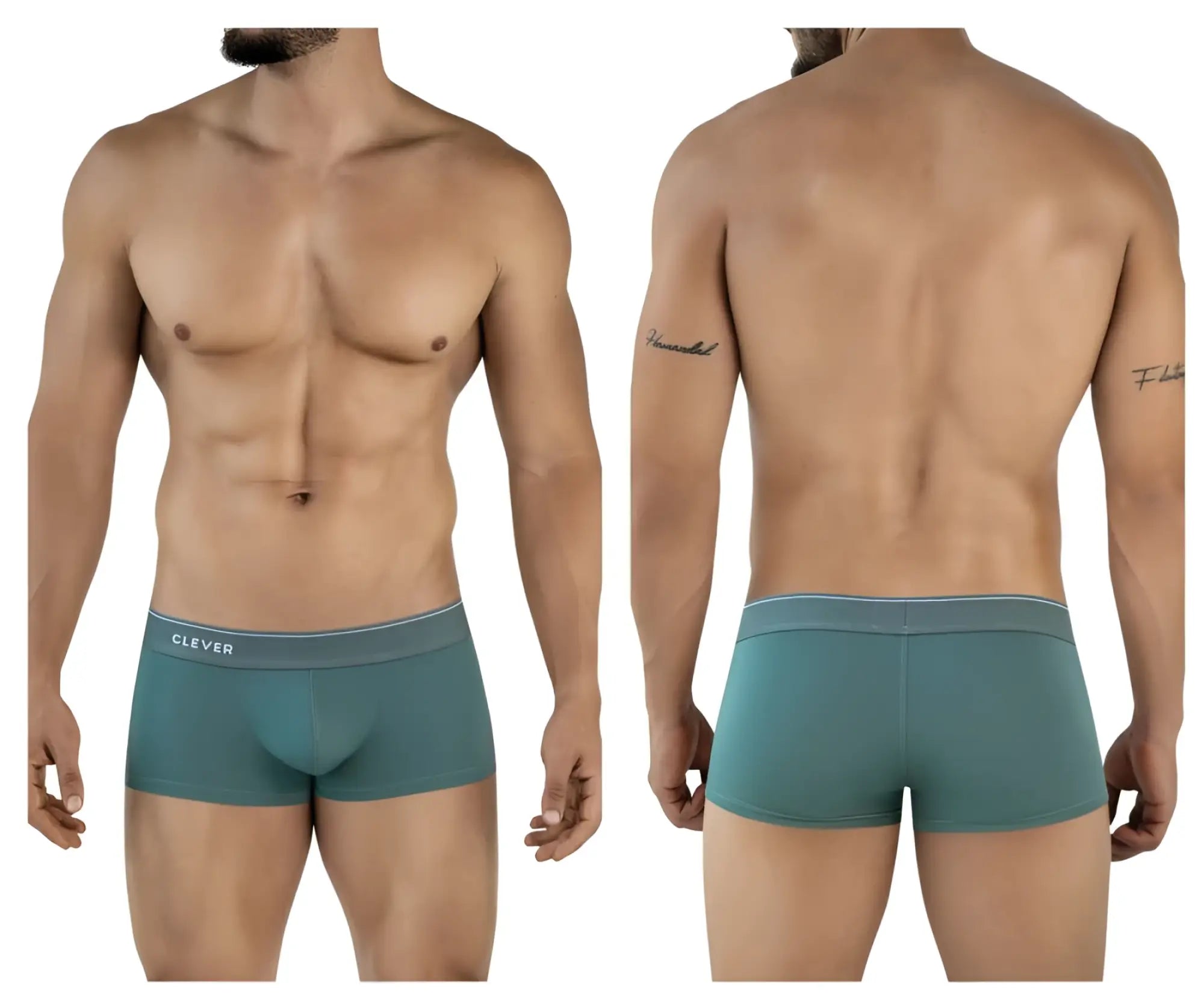 Teal clever 2042 Mendoza trunks with white waistband and black brand name lettering in breathable fabric