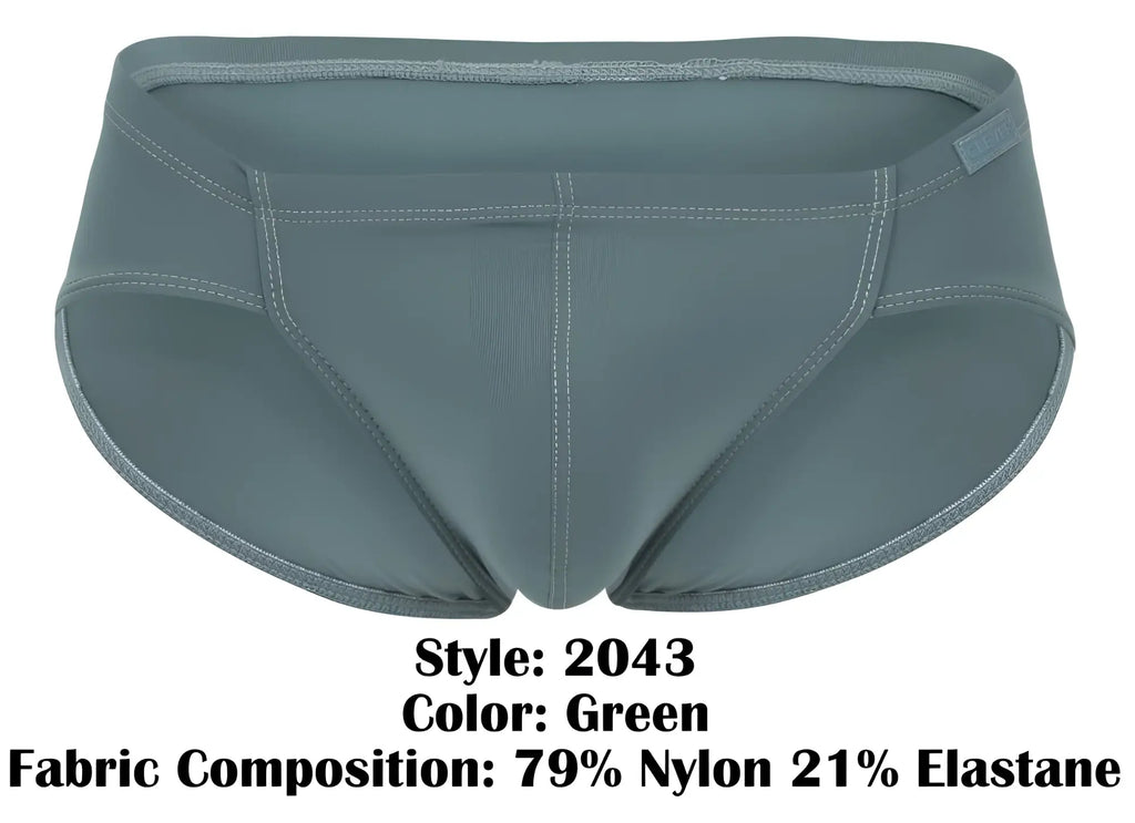 A sleek solid green clever 2043 mendoza brief made from smooth nylon and elastane blend fabric