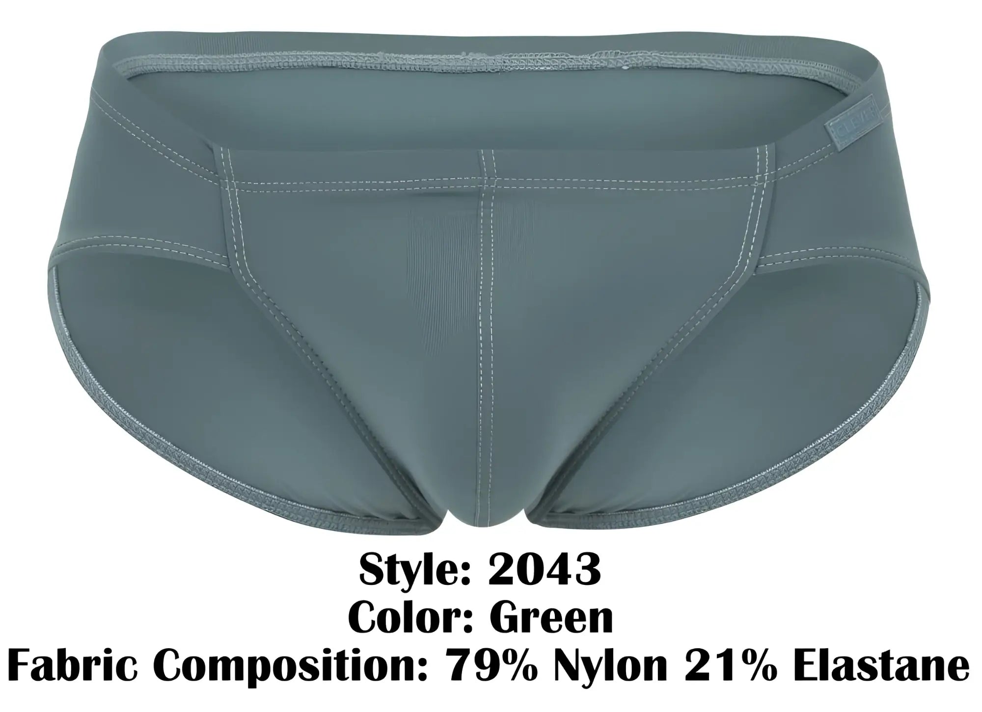 A sleek solid green clever 2043 mendoza brief made from smooth nylon and elastane blend fabric